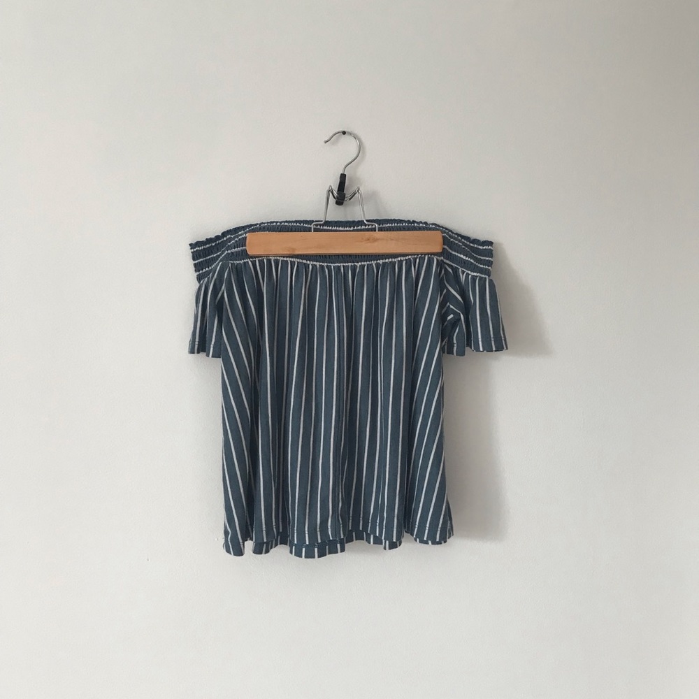 blue and white striped off the shoulder top